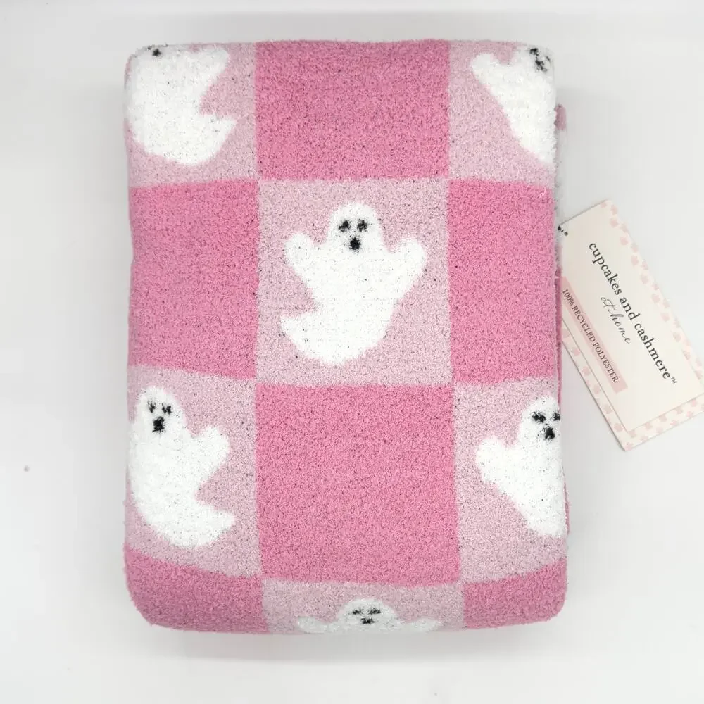 Cupcakes & Cashmere Pink & White Checkered Ghost Throw Blanket Halloween New